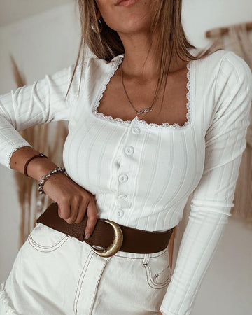 Contrast Lace Square Neck Long Sleeve Ribbed Cardigan Casual Button Front Slim Fit Top